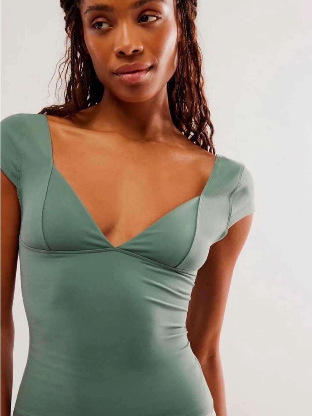 Free People Duo Corset Cami Sage Green Cap Sleeve V-Neck Fitted Top